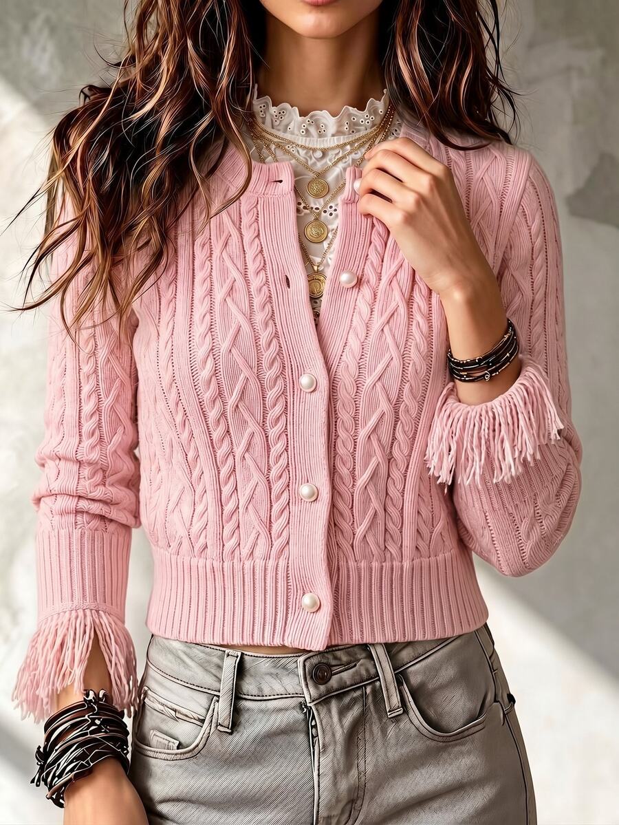SHEIN Women New Autumn Winter Pink Crew Neck Cable Knit Cardigan. Short Style With Pearl Buttons & Tassel Cuffs, Elegant For Commuting And Casual Wear - Baby Pink - View 1