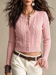 SHEIN Women New Autumn Winter Pink Crew Neck Cable Knit Cardigan. Short Style With Pearl Buttons & Tassel Cuffs, Elegant For Commuting And Casual Wear - Baby Pink - View 2