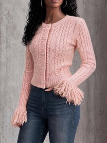 SHEIN Women New Autumn Winter Pink Crew Neck Cable Knit Cardigan. Short Style With Pearl Buttons & Tassel Cuffs, Elegant For Commuting And Casual Wear - Baby Pink - View 7
