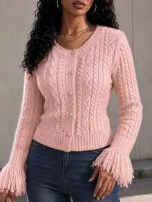 SHEIN Women New Autumn Winter Pink Crew Neck Cable Knit Cardigan. Short Style With Pearl Buttons & Tassel Cuffs, Elegant For Commuting And Casual Wear - Baby Pink - View 4