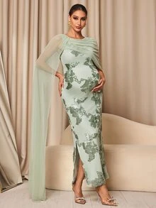 MaterniChic Maternity Jacquard Mesh Patchwork Casual Party Dress - Green - View 5
