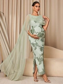 MaterniChic Maternity Jacquard Mesh Patchwork Casual Party Dress - Green - View 1