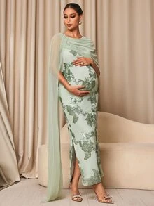 MaterniChic Maternity Jacquard Mesh Patchwork Casual Party Dress - Green - View 6