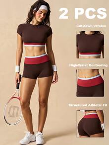 VARSIVA Women's Colorblock Short Sleeve Top And Shorts Casual Daily Sports Set - Multicolor - View 11
