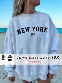 SHEIN CURVE+ 大码休闲宽松纽约图案圆领长袖女式运动衫，秋冬季 - 灰色 - 查看 9