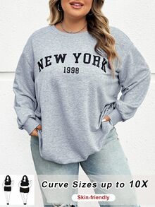 SHEIN CURVE+ 大码休闲宽松纽约图案圆领长袖女式运动衫，秋冬季 - 灰色 - 查看 8