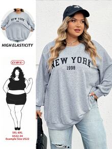 SHEIN CURVE+ 大码休闲宽松纽约图案圆领长袖女式运动衫，秋冬季 - 灰色 - 查看 1