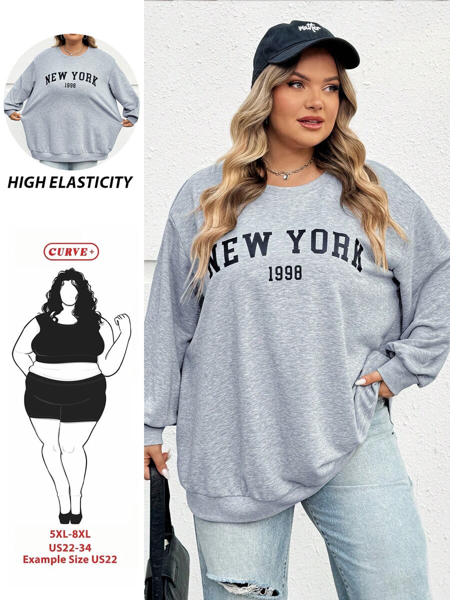 SHEIN CURVE+ 大码休闲宽松纽约图案圆领长袖女式运动衫,秋冬季 - 灰色 - 查看 1