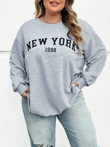 SHEIN CURVE+ 大码休闲宽松纽约图案圆领长袖女式运动衫，秋冬季 - 灰色 - 查看 10