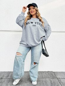 SHEIN CURVE+ 大码休闲宽松纽约图案圆领长袖女式运动衫，秋冬季 - 灰色 - 查看 7