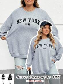 SHEIN CURVE+ 大码休闲宽松纽约图案圆领长袖女式运动衫，秋冬季 - 灰色 - 查看 11