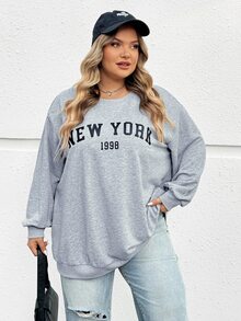SHEIN CURVE+ 大码休闲宽松纽约图案圆领长袖女式运动衫，秋冬季 - 灰色 - 查看 5