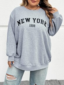 SHEIN CURVE+ 大码休闲宽松纽约图案圆领长袖女式运动衫，秋冬季 - 灰色 - 查看 3