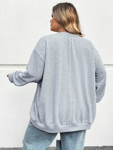 SHEIN CURVE+ 大码休闲宽松纽约图案圆领长袖女式运动衫，秋冬季 - 灰色 - 查看 2
