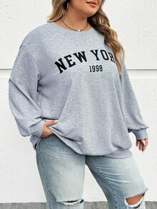 SHEIN CURVE+ 大码休闲宽松纽约图案圆领长袖女式运动衫，秋冬季 - 灰色 - 查看 6