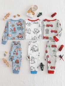 Cozy Pixies Baby Boy Snug Fit Autumn/Winter Cartoon Car Pattern Ribbed Crew Neck Long Sleeve Top And Pajama Pants Soft Comfortable Snug Fit Sleepwear Loungewear Set 2pcs - White - View 2
