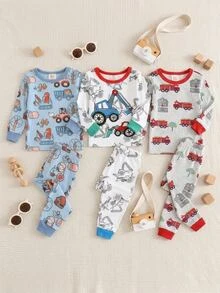 Cozy Pixies Baby Boy Snug Fit Autumn/Winter Cartoon Car Pattern Ribbed Crew Neck Long Sleeve Top And Pajama Pants Soft Comfortable Snug Fit Sleepwear Loungewear Set 2pcs - White - View 8