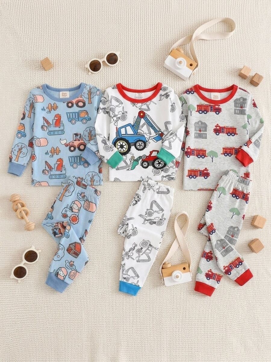 Cozy Pixies Baby Boy Snug Fit Autumn/Winter Cartoon Car Pattern Ribbed Crew Neck Long Sleeve Top And Pajama Pants Soft Comfortable Snug Fit Sleepwear Loungewear Set 2pcs - White - View 1