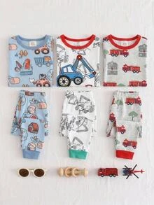 Cozy Pixies Baby Boy Snug Fit Autumn/Winter Cartoon Car Pattern Ribbed Crew Neck Long Sleeve Top And Pajama Pants Soft Comfortable Snug Fit Sleepwear Loungewear Set 2pcs - White - View 3