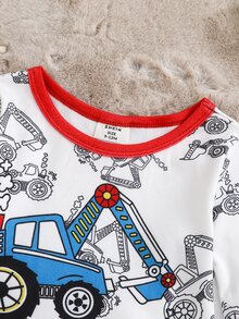 Cozy Pixies Baby Boy Snug Fit Autumn/Winter Cartoon Car Pattern Ribbed Crew Neck Long Sleeve Top And Pajama Pants Soft Comfortable Snug Fit Sleepwear Loungewear Set 2pcs - White - View 4