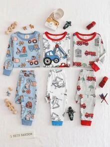 Cozy Pixies Baby Boy Snug Fit Autumn/Winter Cartoon Car Pattern Ribbed Crew Neck Long Sleeve Top And Pajama Pants Soft Comfortable Snug Fit Sleepwear Loungewear Set 2pcs - White - View 1