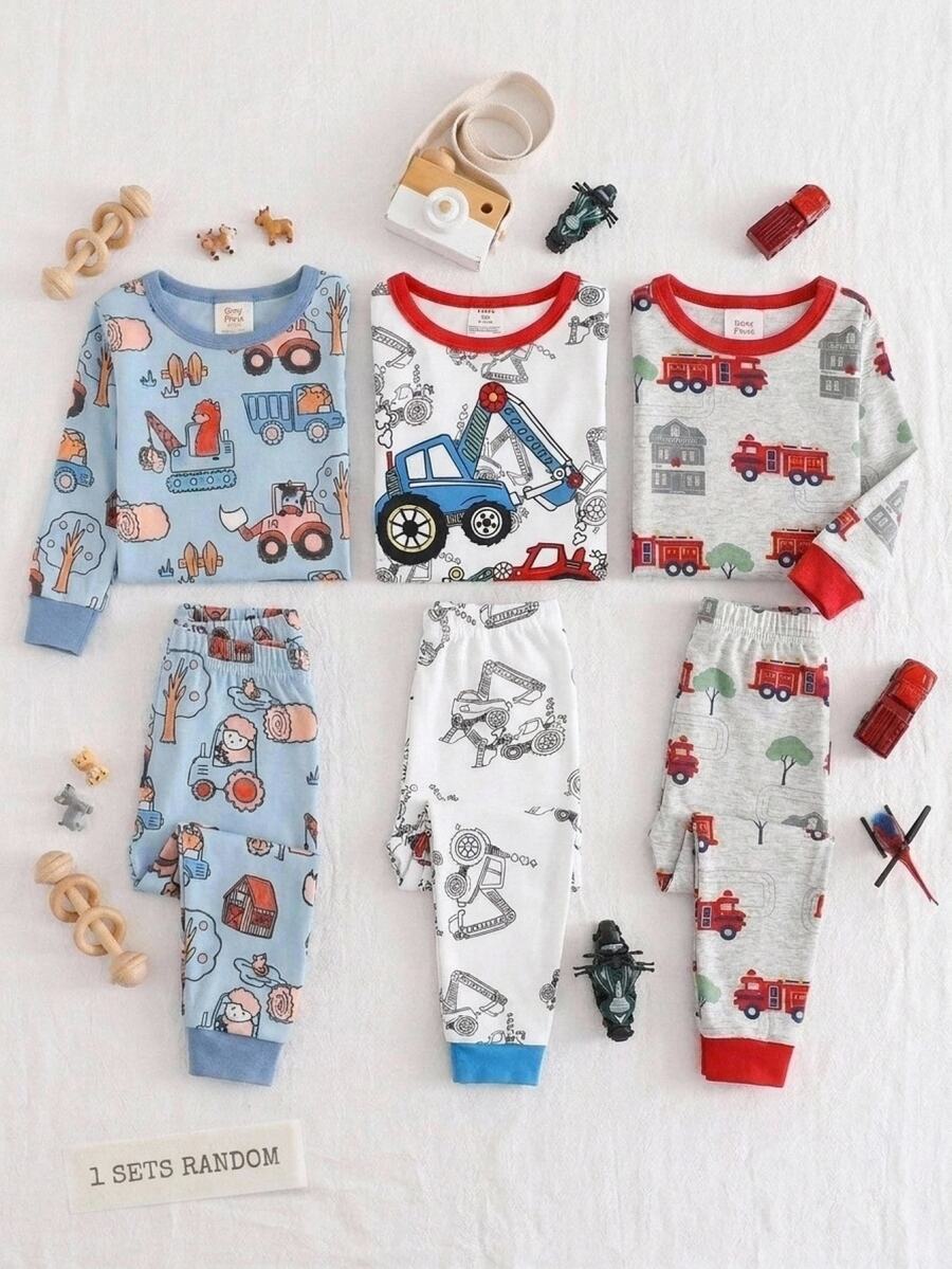 Cozy Pixies Baby Boy Snug Fit Autumn/Winter Cartoon Car Pattern Ribbed Crew Neck Long Sleeve Top And Pajama Pants Soft Comfortable Snug Fit Sleepwear Loungewear Set 2pcs - White - View 1