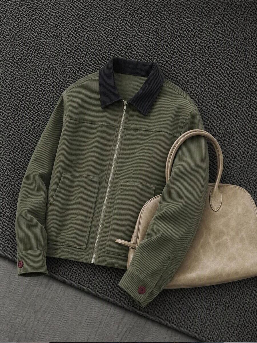 Mainfolk Men's Retro Casual 90s Corduroy Lapel Jacket, Dark Green Autumn,Suede Air Layer Jacket,Utility Cargo Jacket,Halloween Winter Party Vacation Autumn - Multicolor - View 1