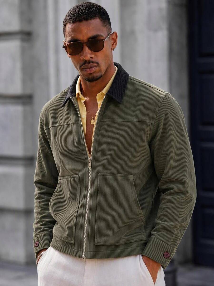 Mainfolk Men's Retro Casual 90s Corduroy Lapel Jacket, Dark Green Autumn,Suede Air Layer Jacket,Utility Cargo Jacket,Halloween Winter Party Vacation Autumn - Multicolor - View 1