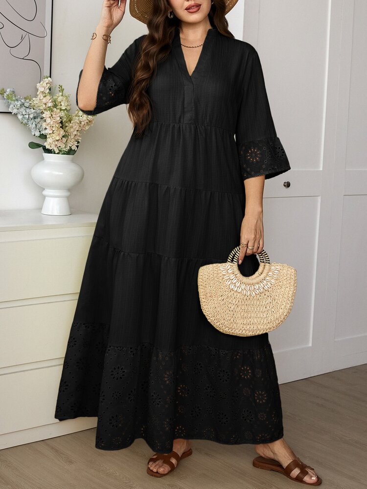 Easowa Curve Đầm nữ size lớn màu trơn cổ chữ V xẻ tà xếp ly phong cách casual bohemian thanh lịch boho cho tiệc tùng đi chơi du lịch brunch dự đám cưới khách mời màu đen mùa thu - màu đen - Xem 7