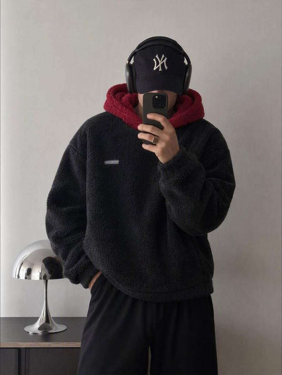 Mainfolk Men's Casual Fleece Patchwork Hooded Sweatshirt Halloween Winter Party Autumn - Black - View 1