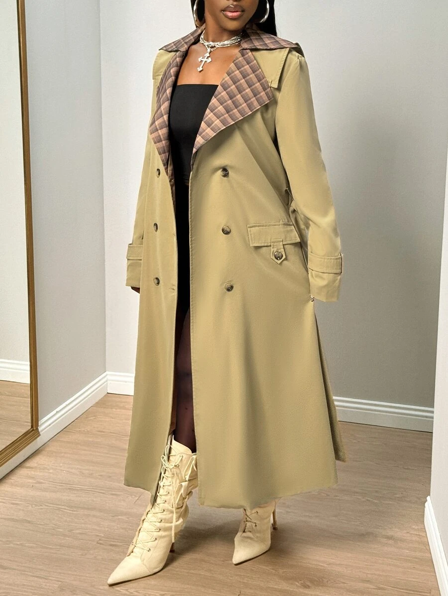 SHEIN BamGlam 2026 Lady's New Autumn-Winter Long-Sleeved Button-Down Collared Contrasting Patterned Fabric Belted Long Coat, Suitable For Outerwear In Autumn And Wi