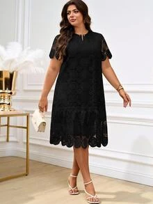 Reflora Plus Size Women Lace Casual Elegant Party Brunch Formal Outing Short Sleeve Dress Black Summer - Black - View 1