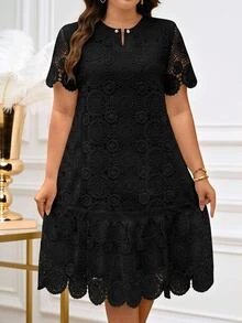 Reflora Plus Size Women Lace Casual Elegant Party Brunch Formal Outing Short Sleeve Dress Black Summer - Black - View 2