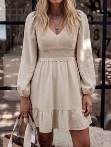 LanaWest CURVE Plus Size Casual Everyday Versatile Lace Patchwork Ruffle Hem Dress - Apricot - View 5