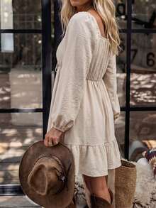 LanaWest CURVE Plus Size Casual Everyday Versatile Lace Patchwork Ruffle Hem Dress - Apricot - View 2