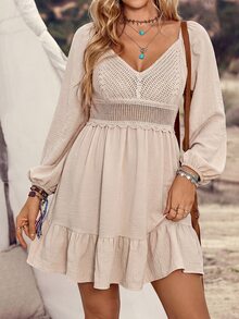 LanaWest CURVE Plus Size Casual Everyday Versatile Lace Patchwork Ruffle Hem Dress - Apricot - View 3