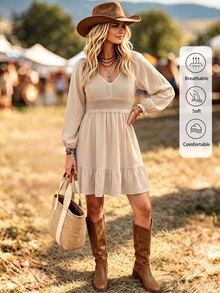 LanaWest CURVE Plus Size Casual Everyday Versatile Lace Patchwork Ruffle Hem Dress - Apricot - View 8