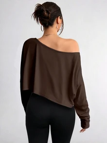 Elenzga Plus Size Women's Asymmetric Collar Long Sleeve Cropped Casual T-Shirt, Solid Color, Autumn Fall - Chocolate Brown - View 2