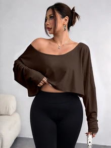 Elenzga Plus Size Women's Asymmetric Collar Long Sleeve Cropped Casual T-Shirt, Solid Color, Autumn Fall - Chocolate Brown - View 4