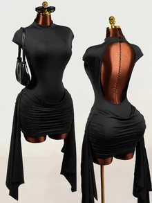 BamGleam New Y2K Sexy And Elegant Party Club Dress With Backless Pleated Graduation Dress,Black Dress Halloween Summer - Black - View 7