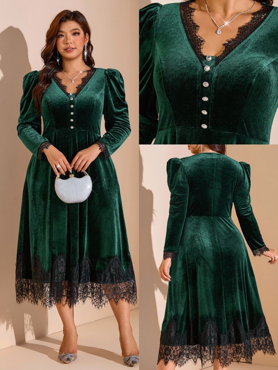 Comfylo Plus Size Women's Contrast Lace V-Neck Button Design Elegant Dress - Dark Green - View 1