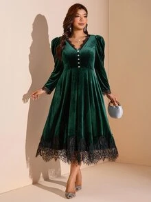 Comfylo Plus Size Women's Contrast Lace V-Neck Button Design Elegant Dress - Dark Green - View 5