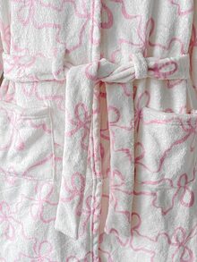 女童優雅粉色蝴蝶結印花連帽長袖抓絨睡袍居家服 - 粉色 - 查看 6