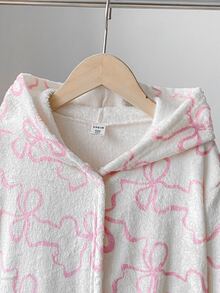 女童優雅粉色蝴蝶結印花連帽長袖抓絨睡袍居家服 - 粉色 - 查看 4