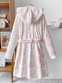 女童優雅粉色蝴蝶結印花連帽長袖抓絨睡袍居家服 - 粉色 - 查看 2