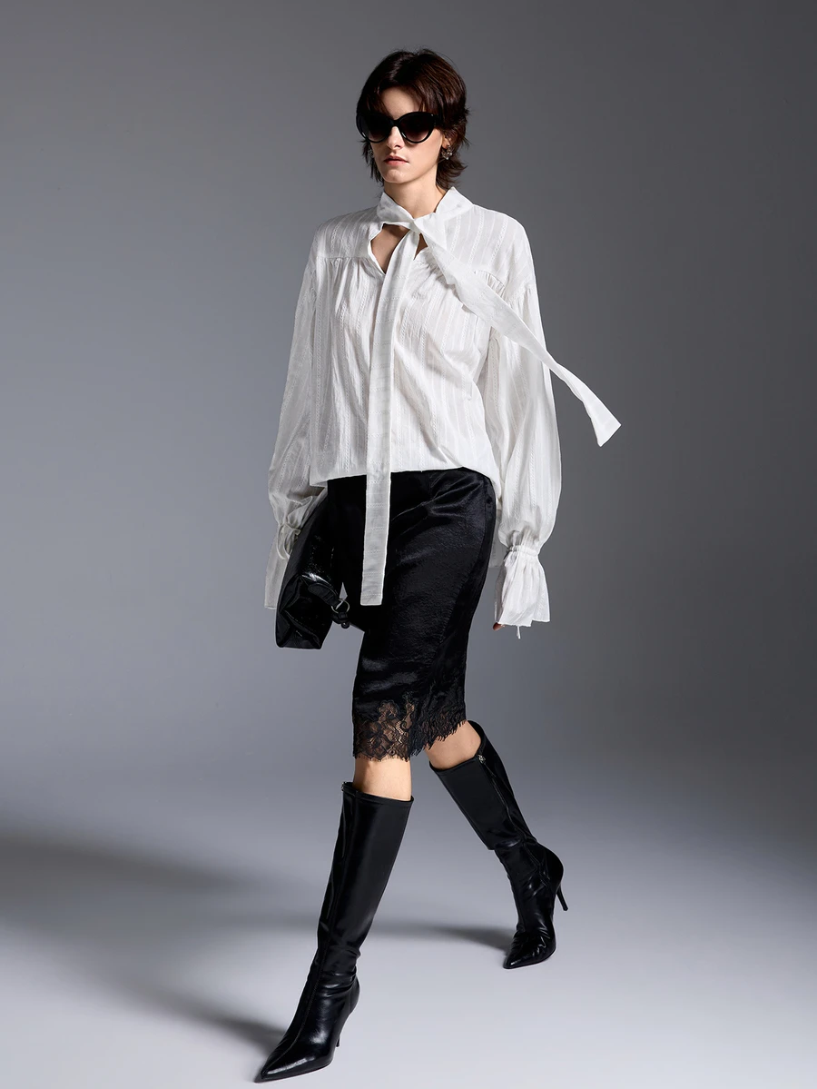 MYSTAURA Women's Solid Color Collar Drop Shoulder Long Sleeve Fashion Top Office Work White Autumn French Elegant - White - View 1