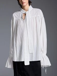 MYSTAURA Women's Solid Color Collar Drop Shoulder Long Sleeve Fashion Top Office Work White Autumn French Elegant - White - View 3