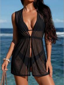 SHEIN Swim Summer Beach Women's Sleeveless Perspective Mesh Cover Up Dress - Black - View 5
