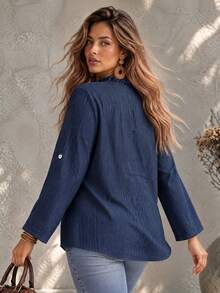 Ceyna Wood Ear Trim V-Neck Blouse, Vertical Textured Fabric, 3/4 Roll-Up Sleeves, Loose Fit, Designed For Plus Size People Seeking Comfort And Flattering Coverage, Casual Artistic Style, Light Commute, Vacation, Daily Outings, Short Trips, Home Wear, Light Socializing, Shopping, Suitable For Spring, Summer, And Early Autumn - Blue - View 2