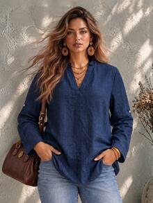 Ceyna Wood Ear Trim V-Neck Blouse, Vertical Textured Fabric, 3/4 Roll-Up Sleeves, Loose Fit, Designed For Plus Size People Seeking Comfort And Flattering Coverage, Casual Artistic Style, Light Commute, Vacation, Daily Outings, Short Trips, Home Wear, Light Socializing, Shopping, Suitable For Spring, Summer, And Early Autumn - Blue - View 1